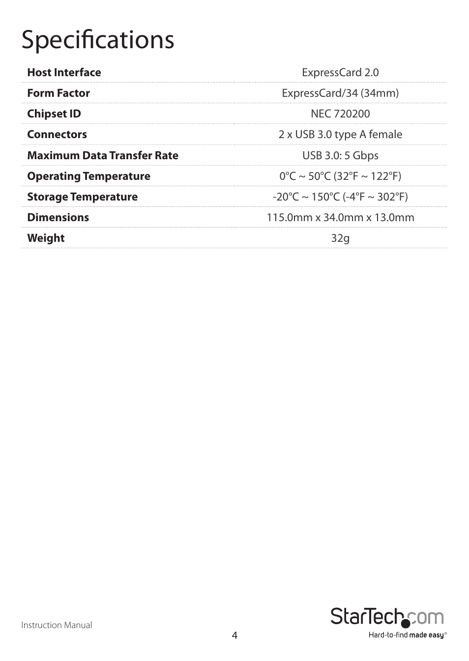 Specifications | StarTech.com ECUSB3S22 User Manual | Page 7 / 9