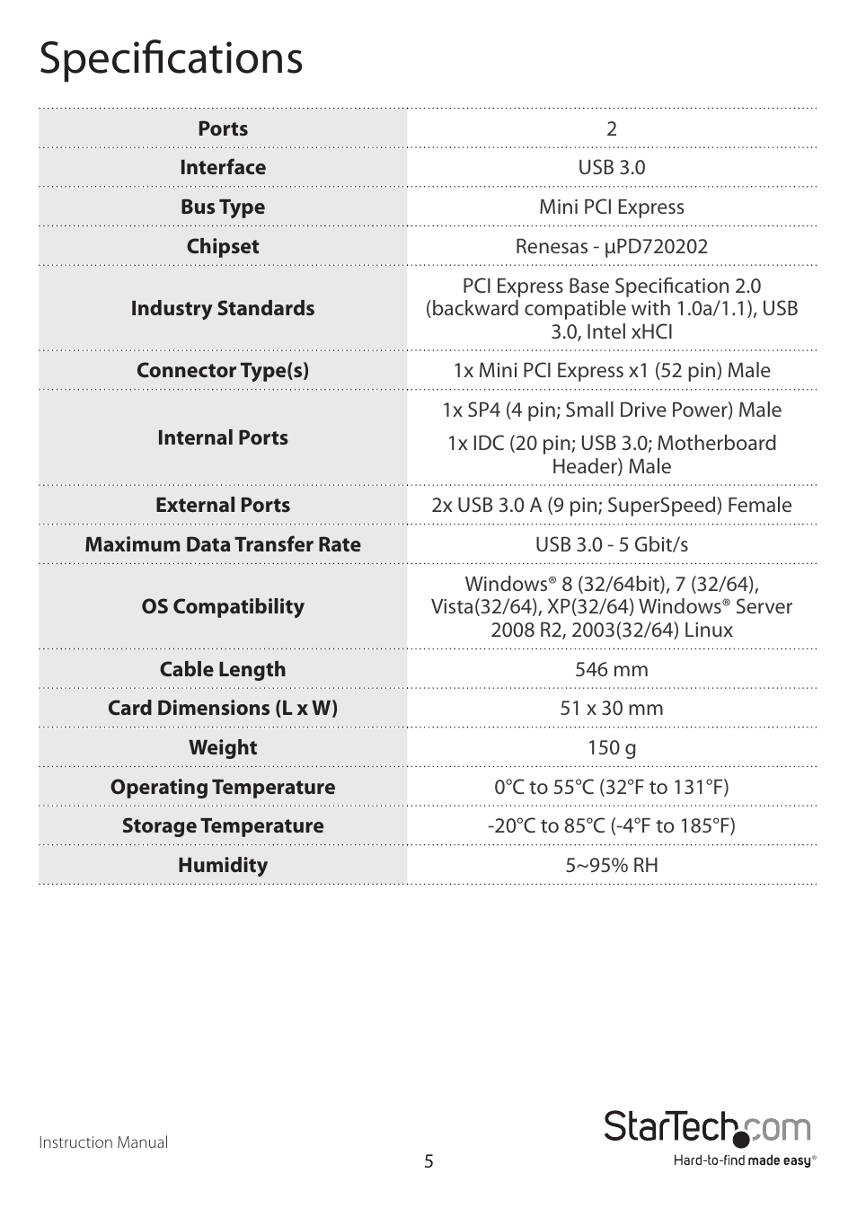 Specifications | StarTech.com MPEXUSB3S22B User Manual | Page 8 / 10