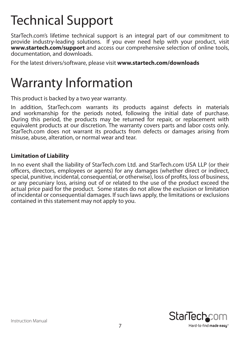 Technical support, Warranty information | StarTech.com PEXUSB3S4 User Manual | Page 10 / 11