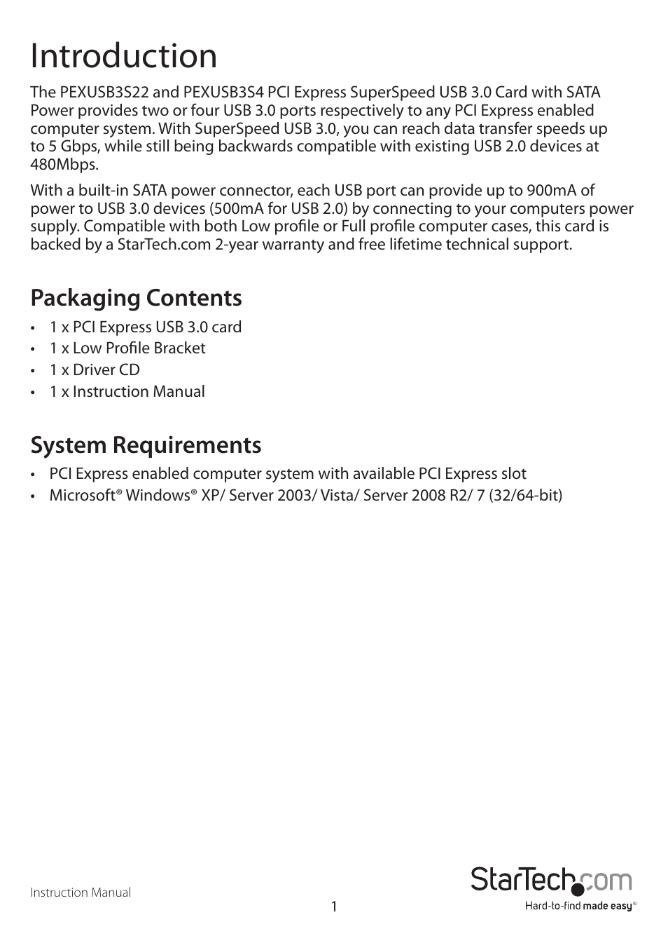 Introduction, Packaging contents, System requirements | StarTech.com PEXUSB3S4 User Manual | Page 4 / 11