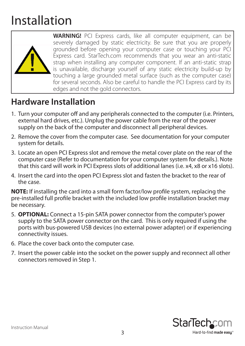 Installation, Hardware installation | StarTech.com PEXUSB3S4 User Manual | Page 6 / 11