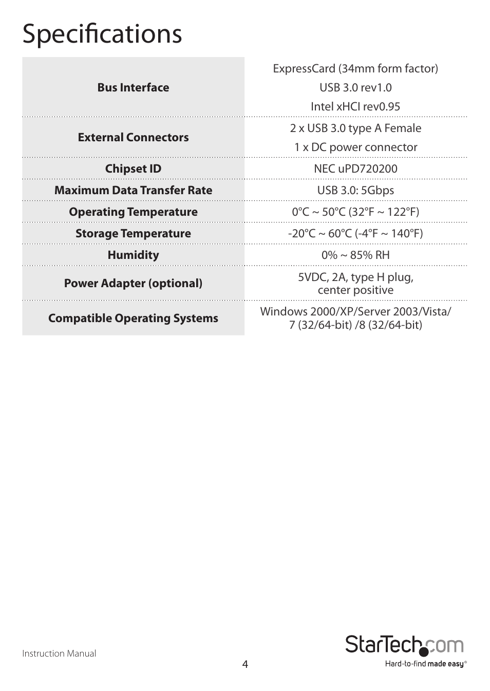 Specifications | StarTech.com ECUSB3S2 User Manual | Page 7 / 9