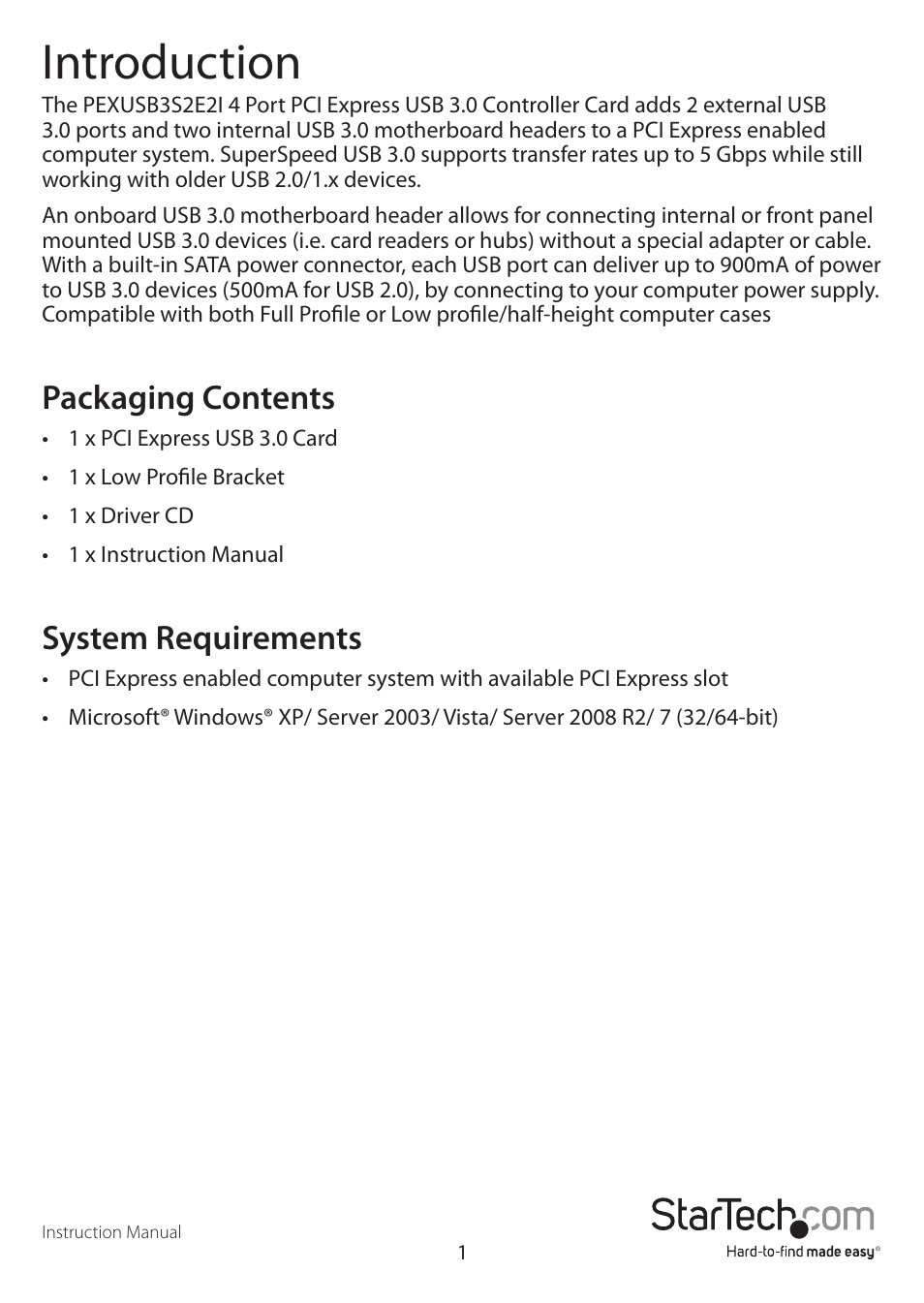 Introduction, Packaging contents, System requirements | StarTech.com PEXUSB3S2E2I User Manual | Page 4 / 9