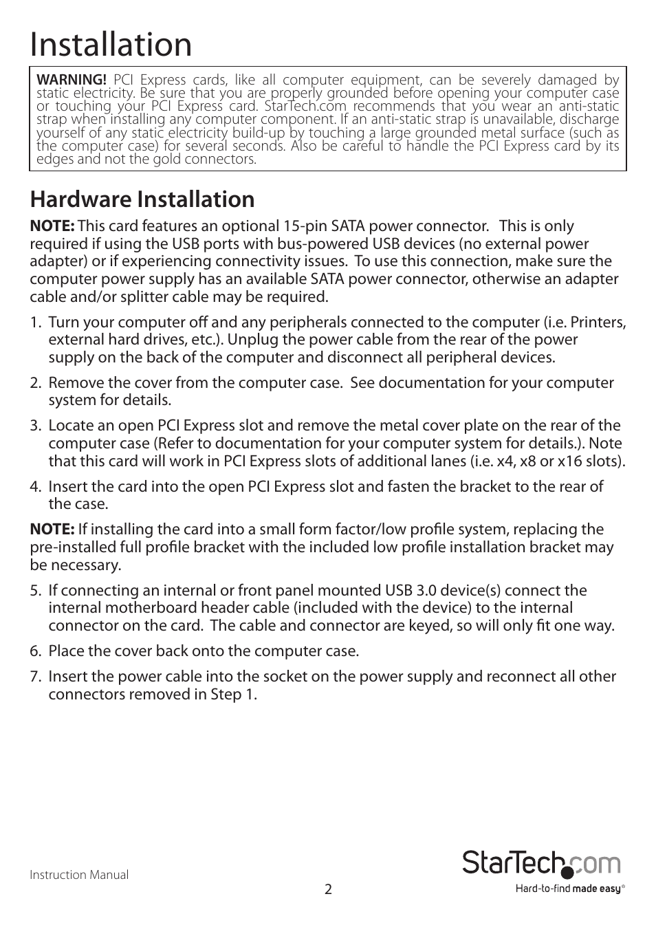 Installation, Hardware installation | StarTech.com PEXUSB3S2E2I User Manual | Page 5 / 9