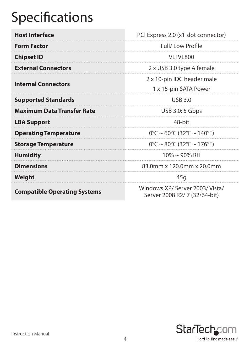 Specifications | StarTech.com PEXUSB3S2E2I User Manual | Page 7 / 9