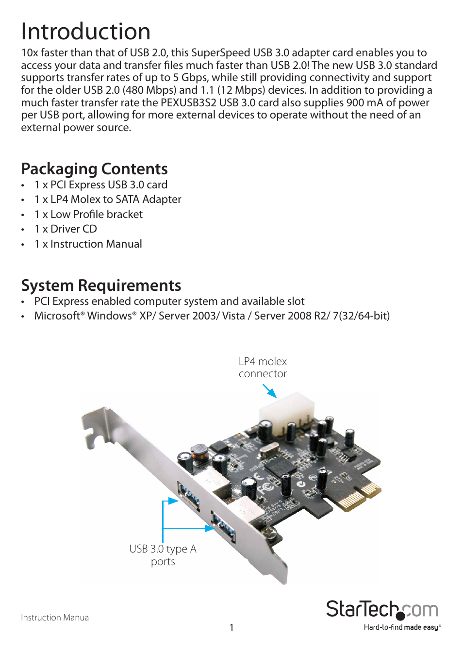 Introduction, Packaging contents, System requirements | StarTech.com PEXUSB3S2 User Manual | Page 4 / 10