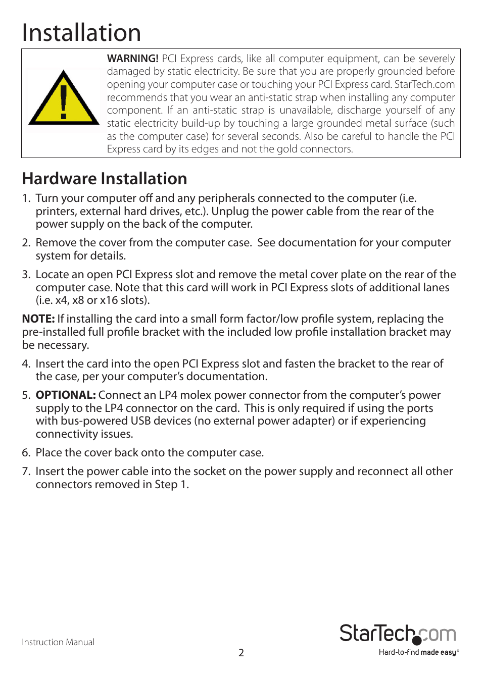 Installation, Hardware installation | StarTech.com PEXUSB3S2 User Manual | Page 5 / 10