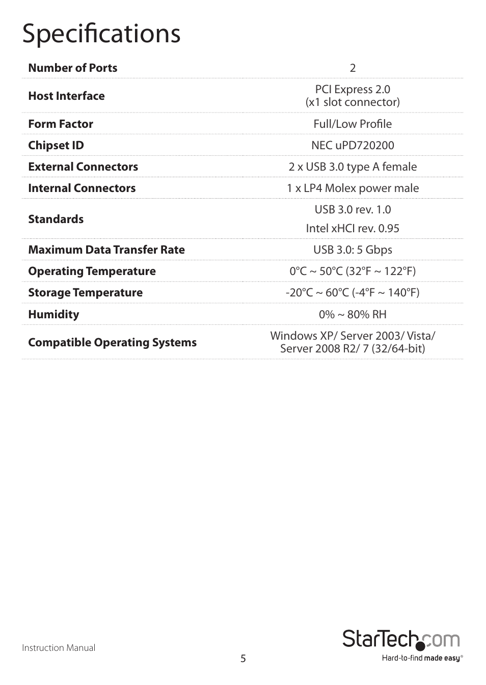 Specifications | StarTech.com PEXUSB3S2 User Manual | Page 8 / 10