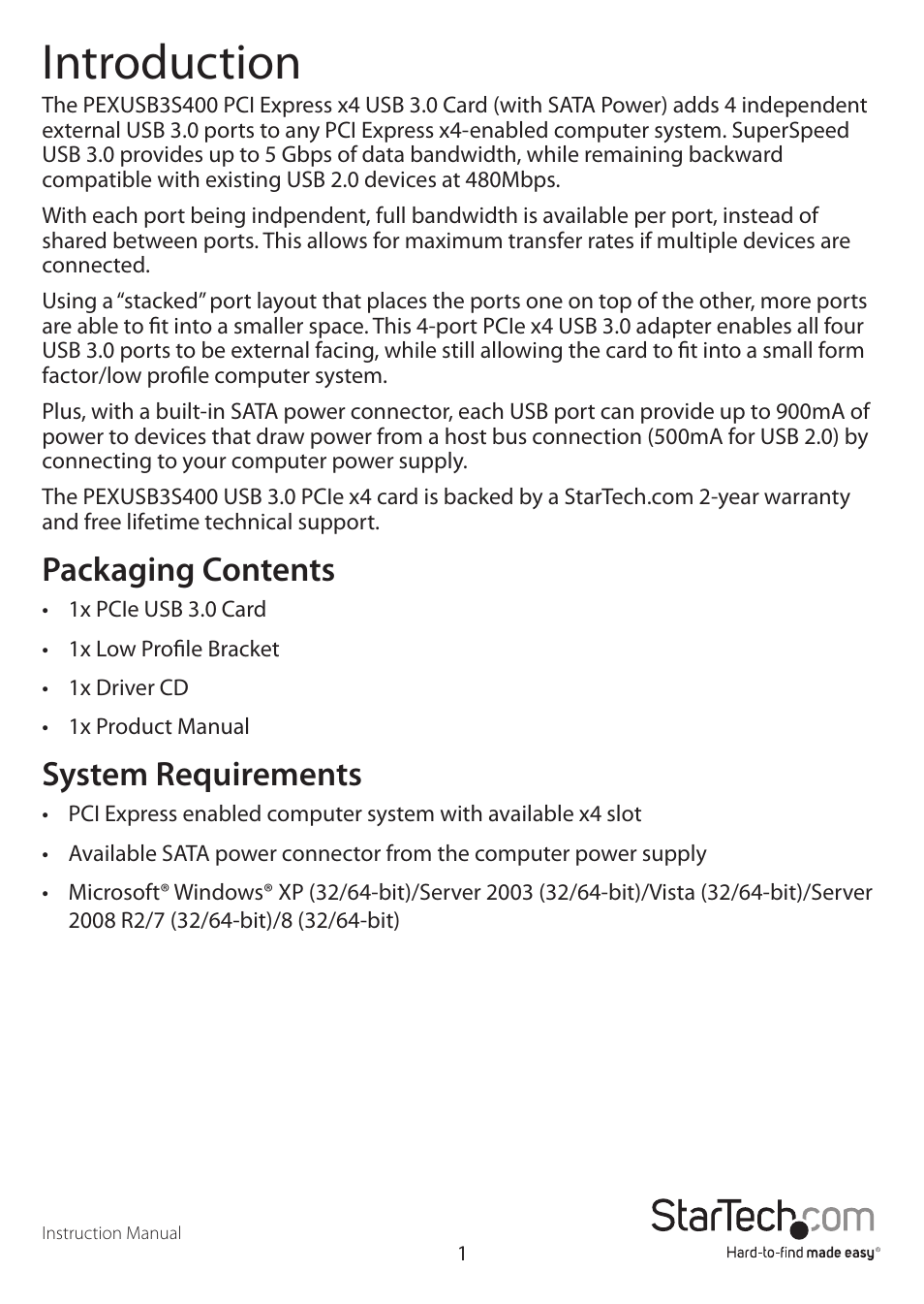 Introduction, Packaging contents, System requirements | StarTech.com PEXUSB3S400 User Manual | Page 4 / 10