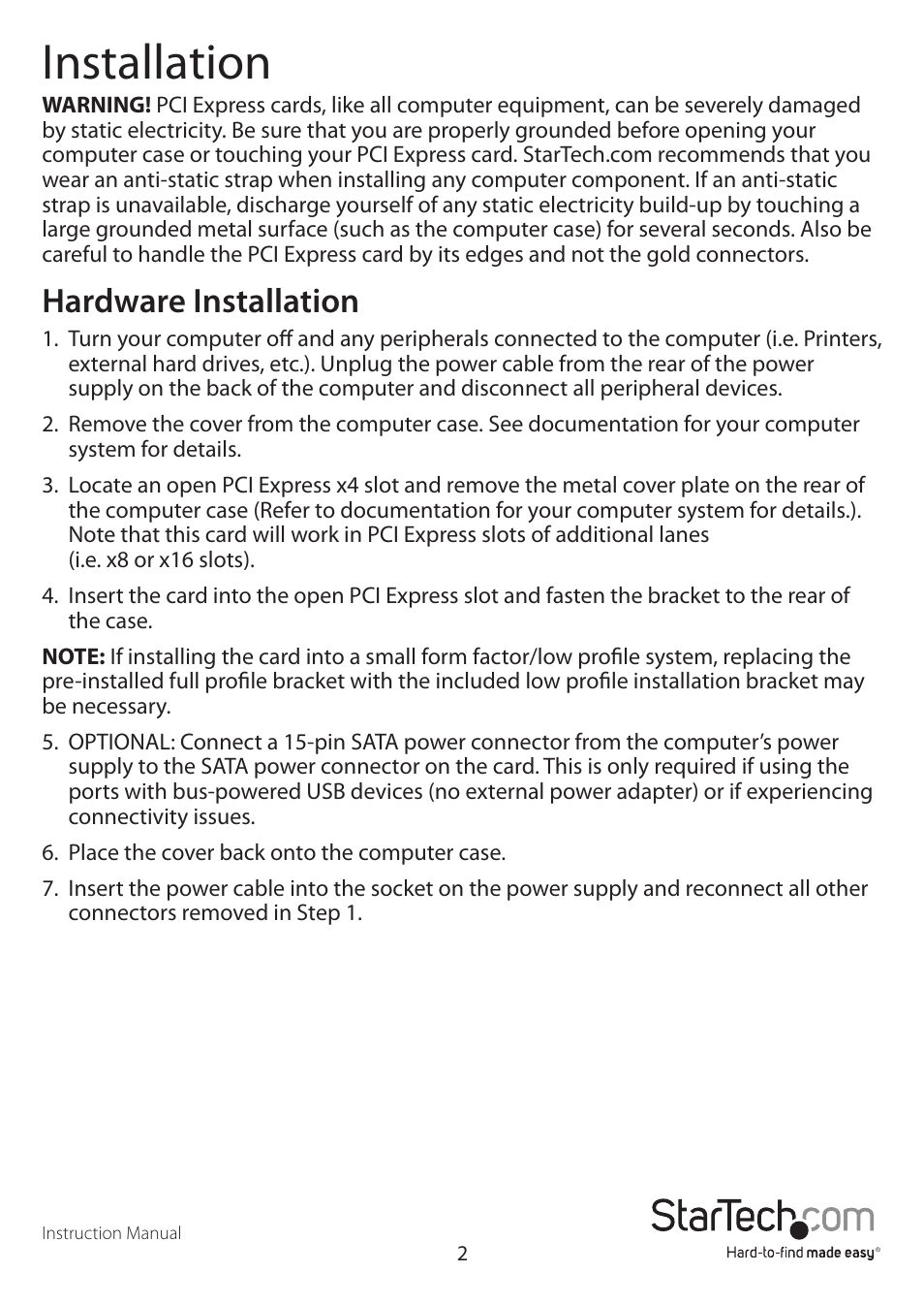 Installation, Hardware installation | StarTech.com PEXUSB3S400 User Manual | Page 5 / 10