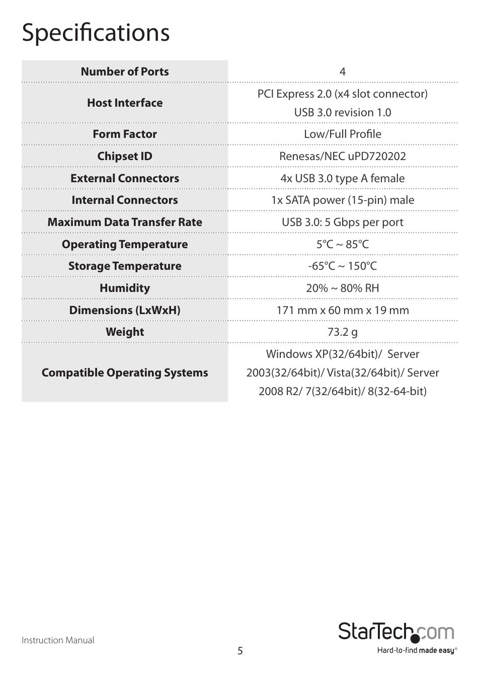 Specifications | StarTech.com PEXUSB3S400 User Manual | Page 8 / 10