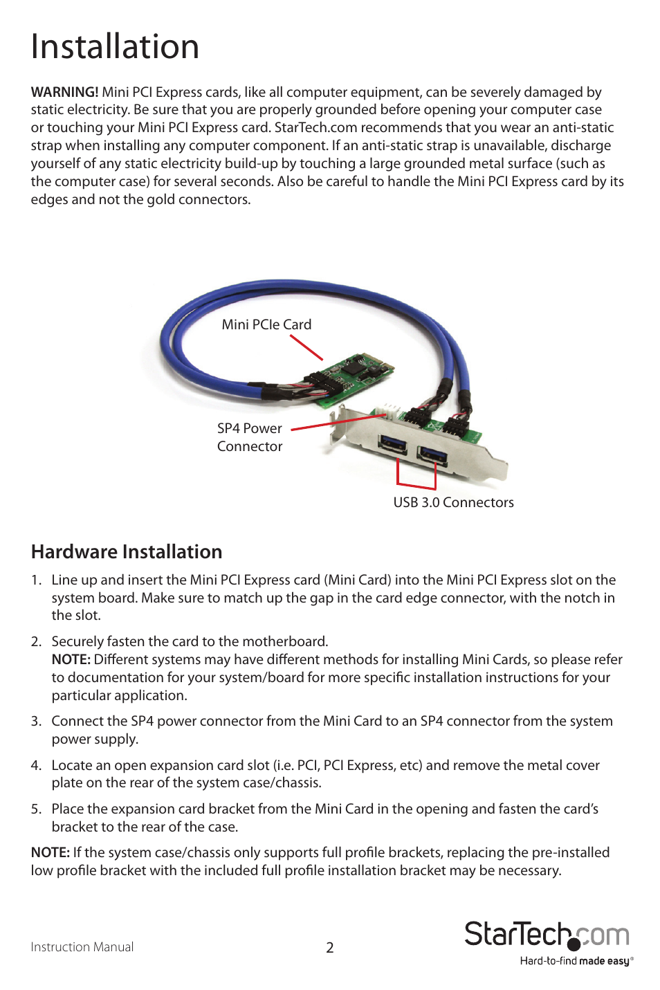 Installation, Hardware installation | StarTech.com MPEXUSB3S2 User Manual | Page 5 / 9