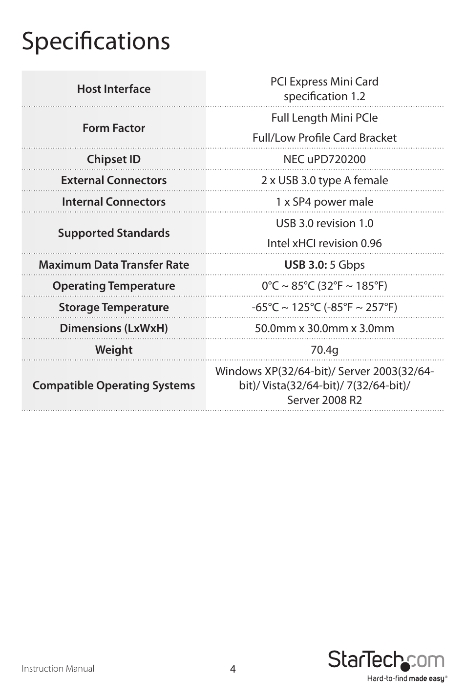 Specifications | StarTech.com MPEXUSB3S2 User Manual | Page 7 / 9