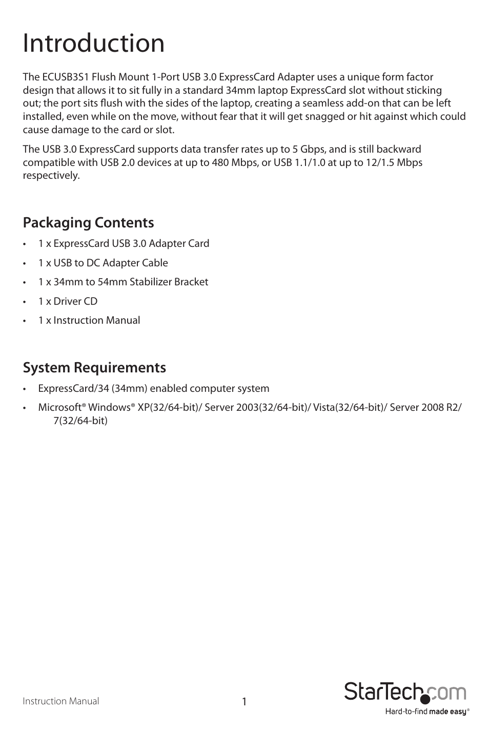 Introduction, Packaging contents, System requirements | StarTech.com ECUSB3S1 User Manual | Page 4 / 8