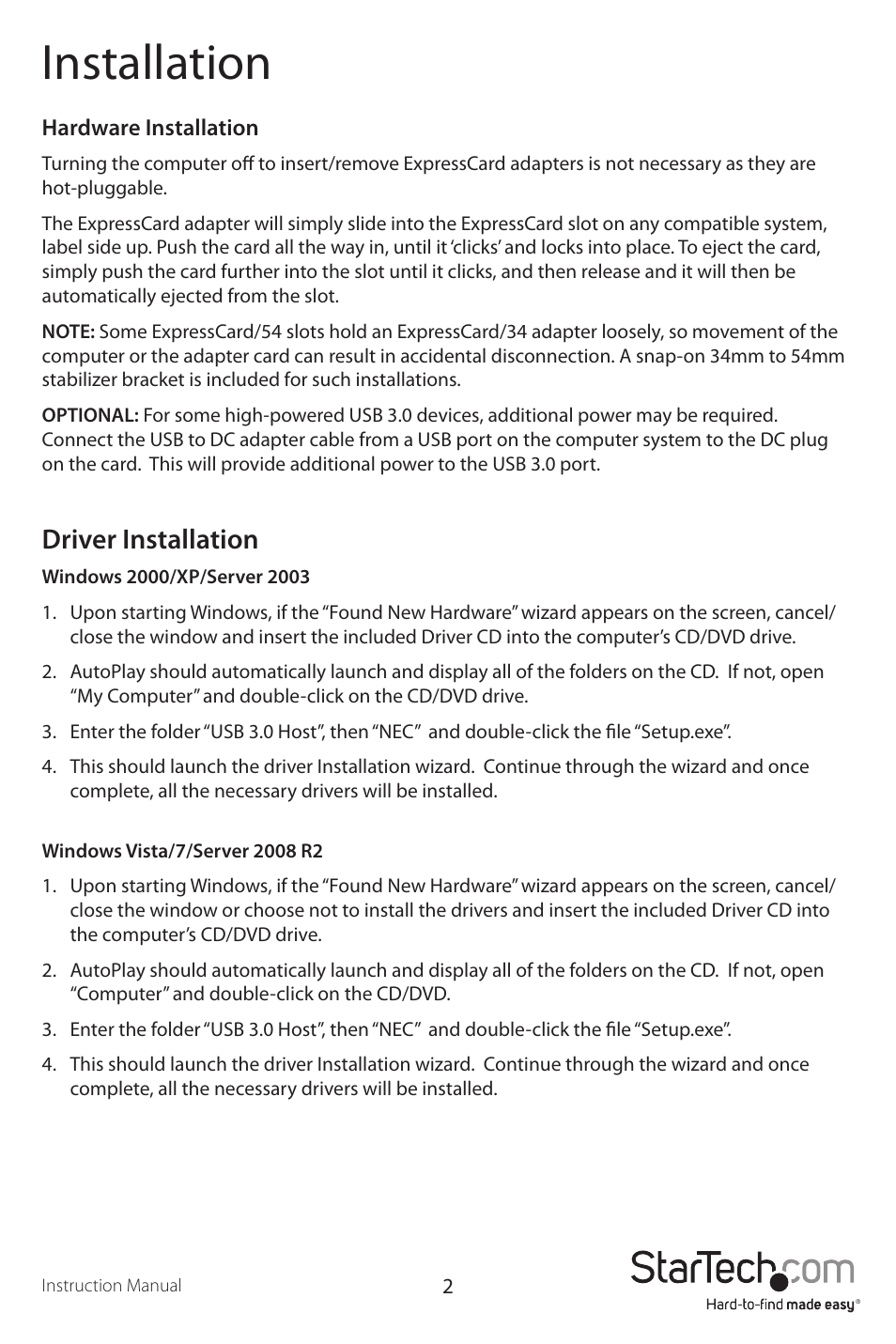 Installation, Driver installation | StarTech.com ECUSB3S1 User Manual | Page 5 / 8