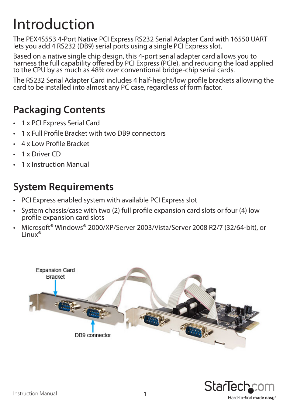 Introduction, Packaging contents, System requirements | StarTech.com PEX4S553 User Manual | Page 4 / 9