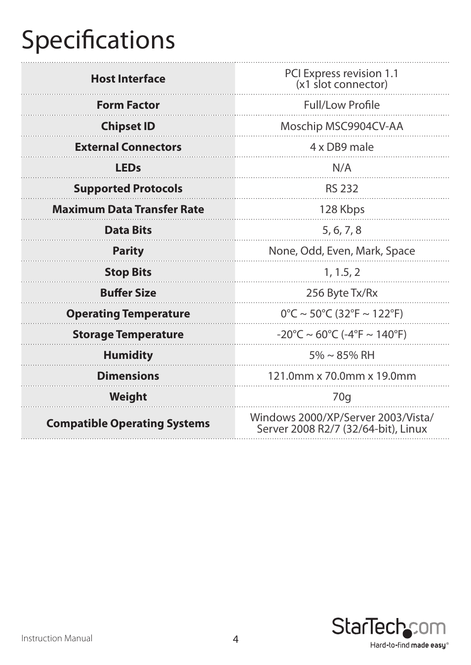 Specifications | StarTech.com PEX4S553 User Manual | Page 7 / 9