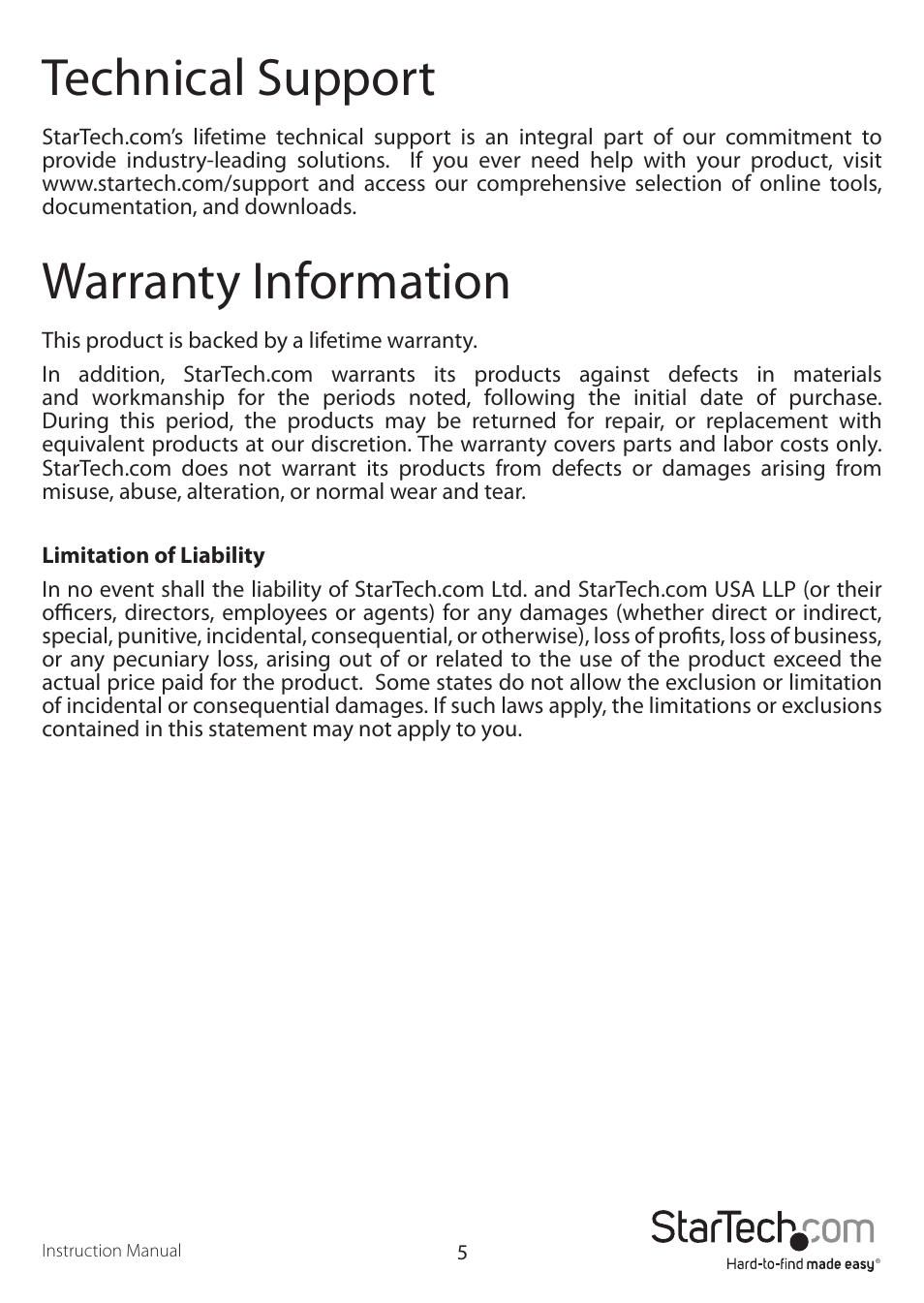 Technical support, Warranty information | StarTech.com PEX4S553 User Manual | Page 8 / 9