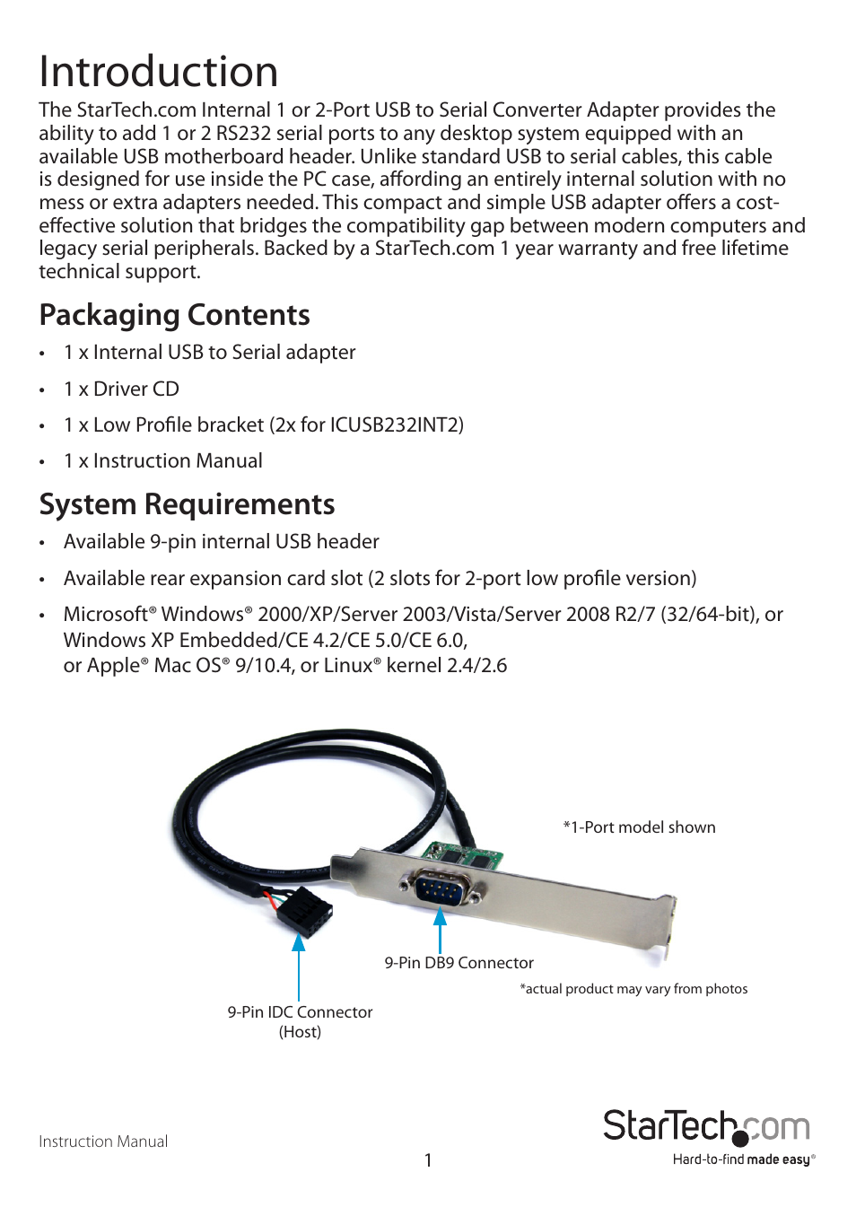 Introduction, Packaging contents, System requirements | StarTech.com ICUSB232INT2 User Manual | Page 4 / 8