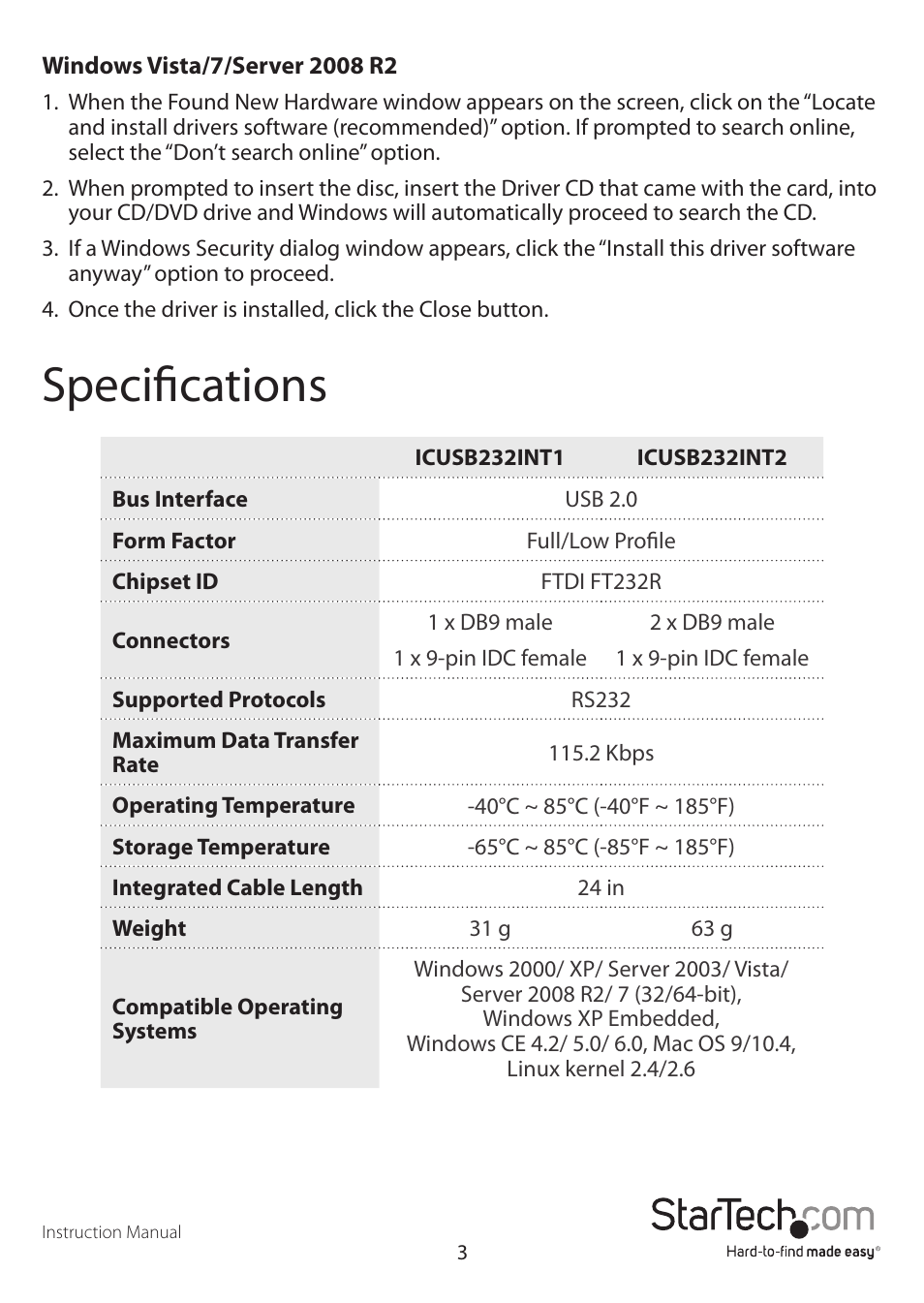 Specifications | StarTech.com ICUSB232INT2 User Manual | Page 6 / 8