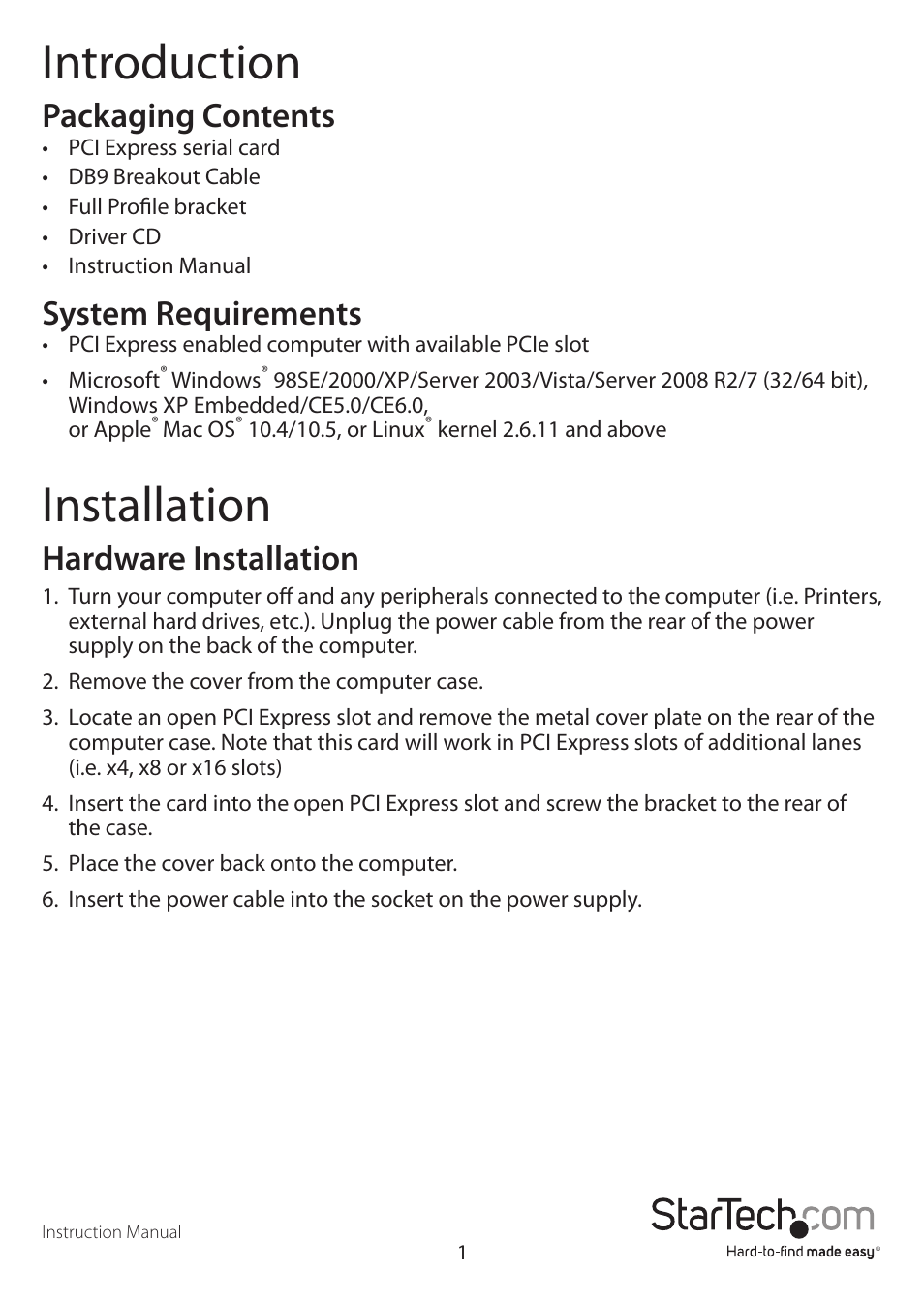 Introduction, Installation, Packaging contents | System requirements, Hardware installation | StarTech.com PEX4S553B User Manual | Page 4 / 8