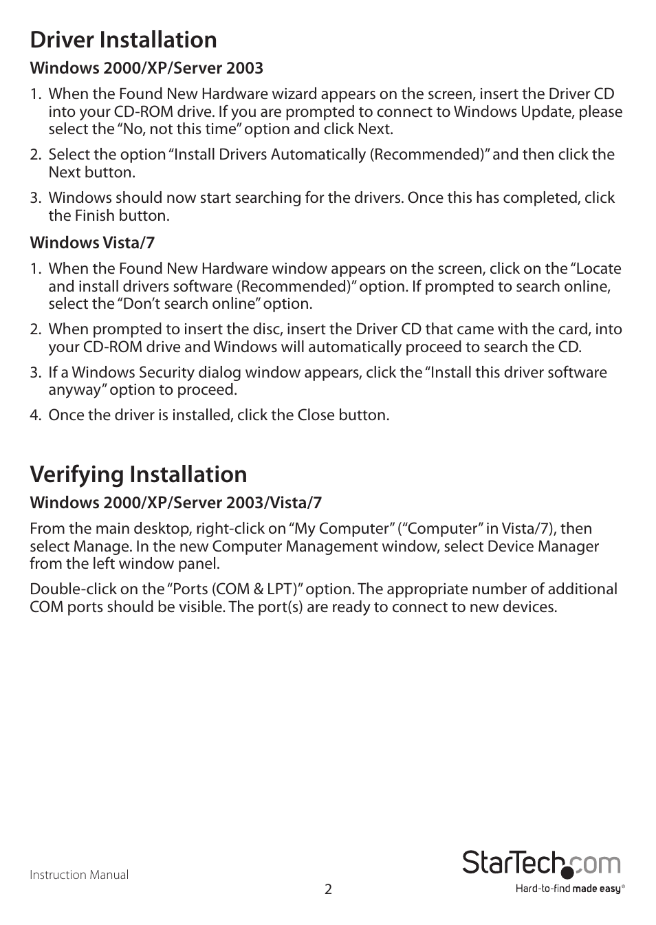Driver installation, Verifying installation | StarTech.com PEX4S553B User Manual | Page 5 / 8