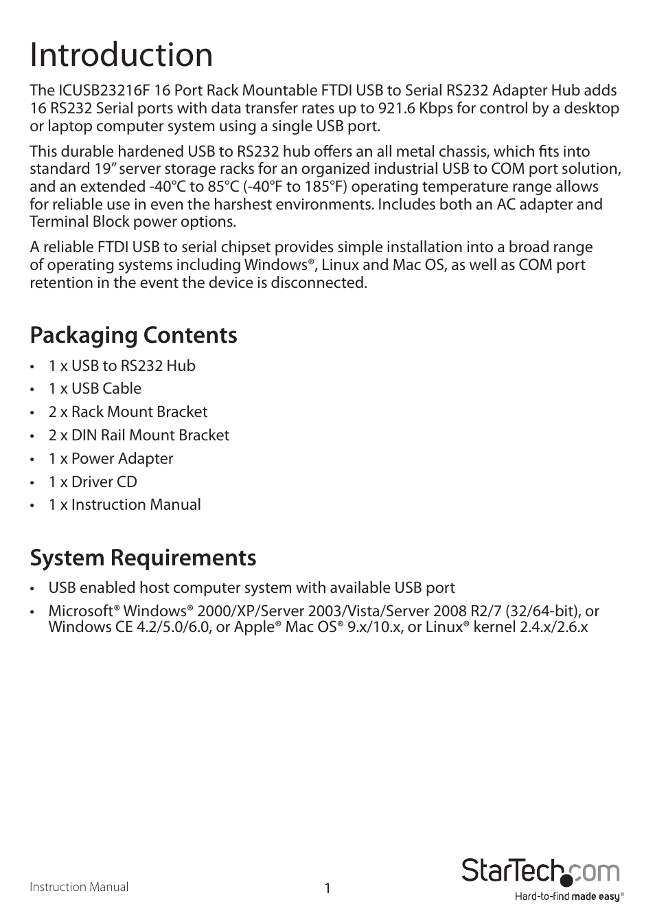 Introduction, Packaging contents, System requirements | StarTech.com ICUSB23216F User Manual | Page 4 / 11