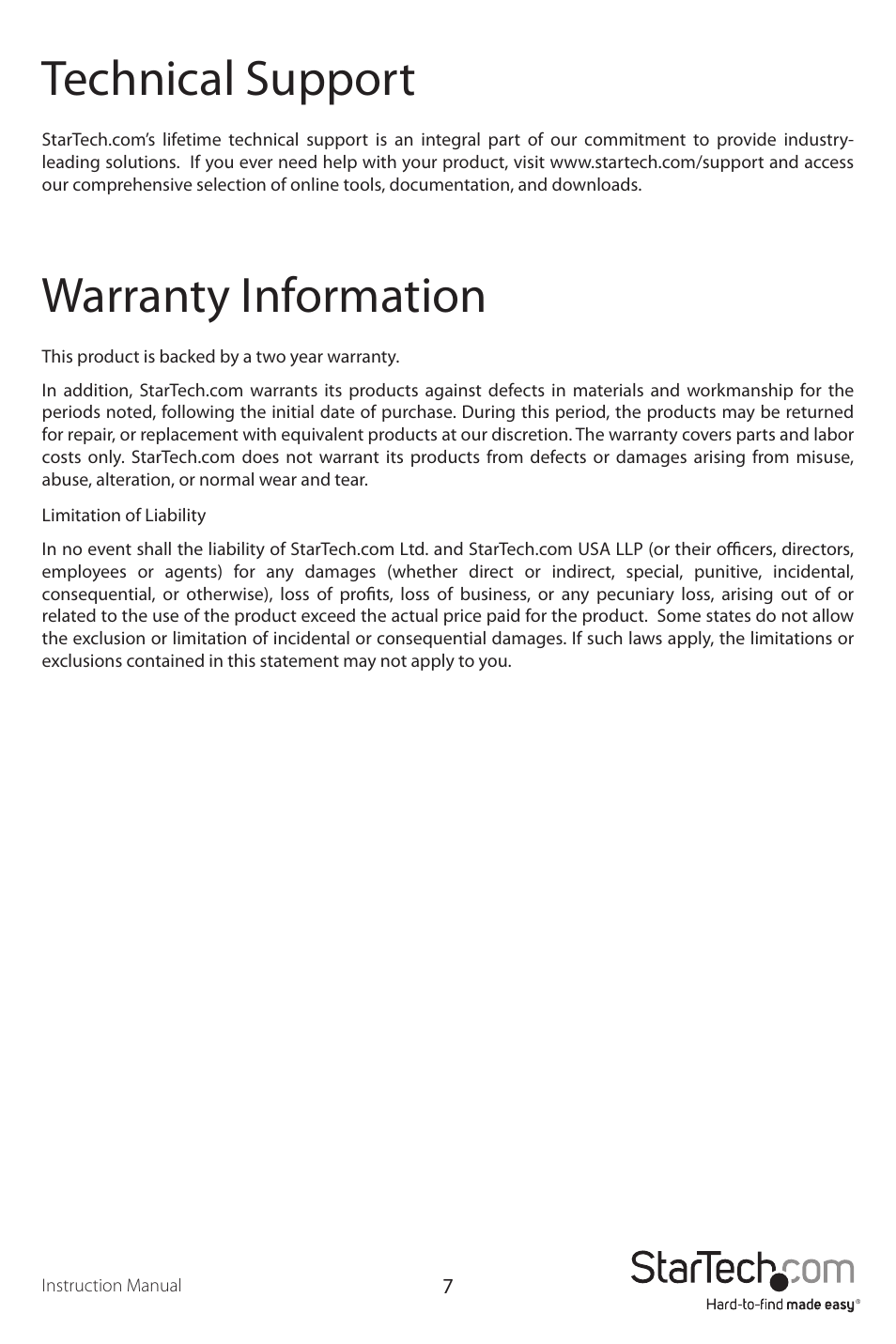 Technical support, Warranty information | StarTech.com PEX2S5531P User Manual | Page 10 / 11