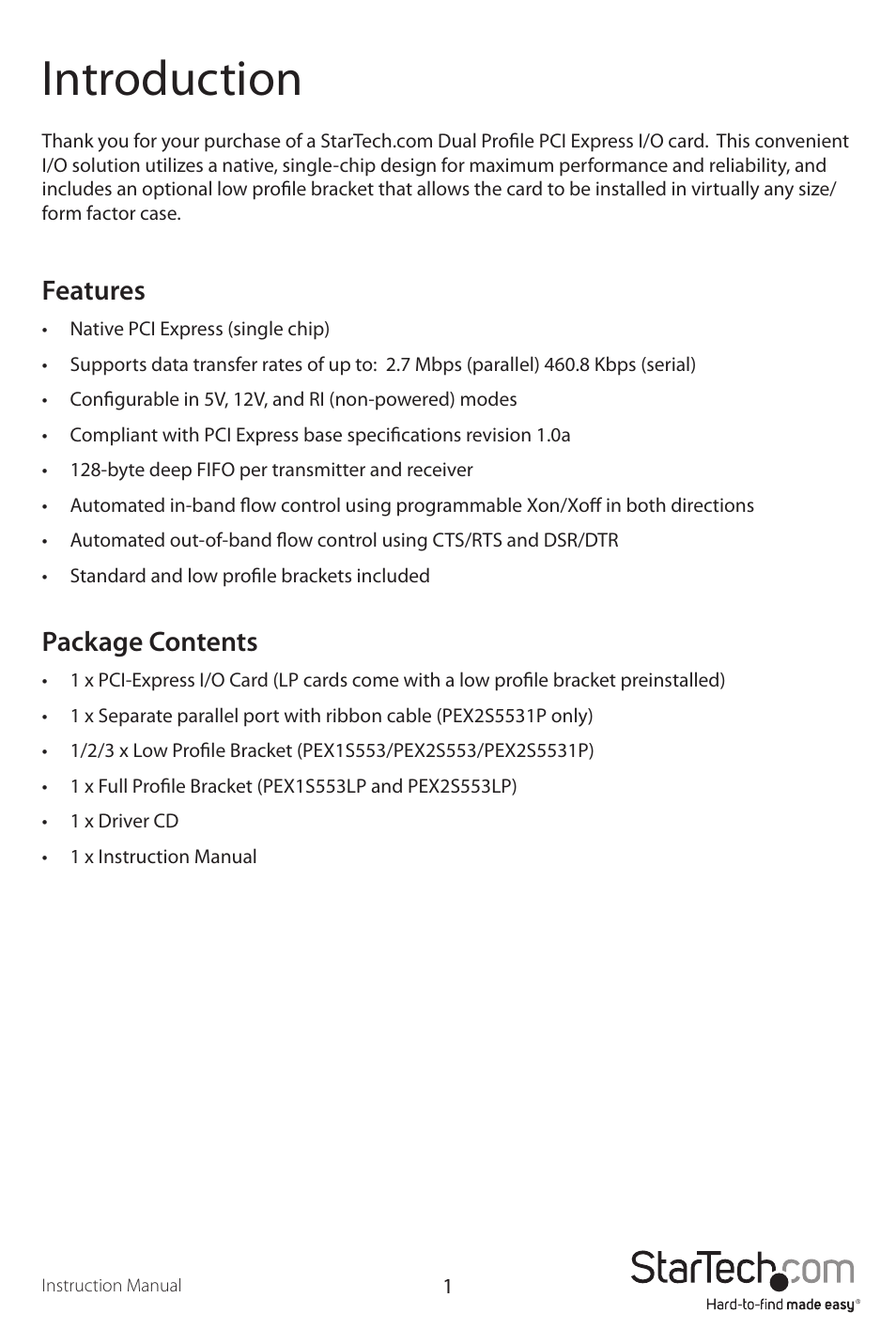 Introduction, Features, Package contents | StarTech.com PEX2S5531P User Manual | Page 4 / 11