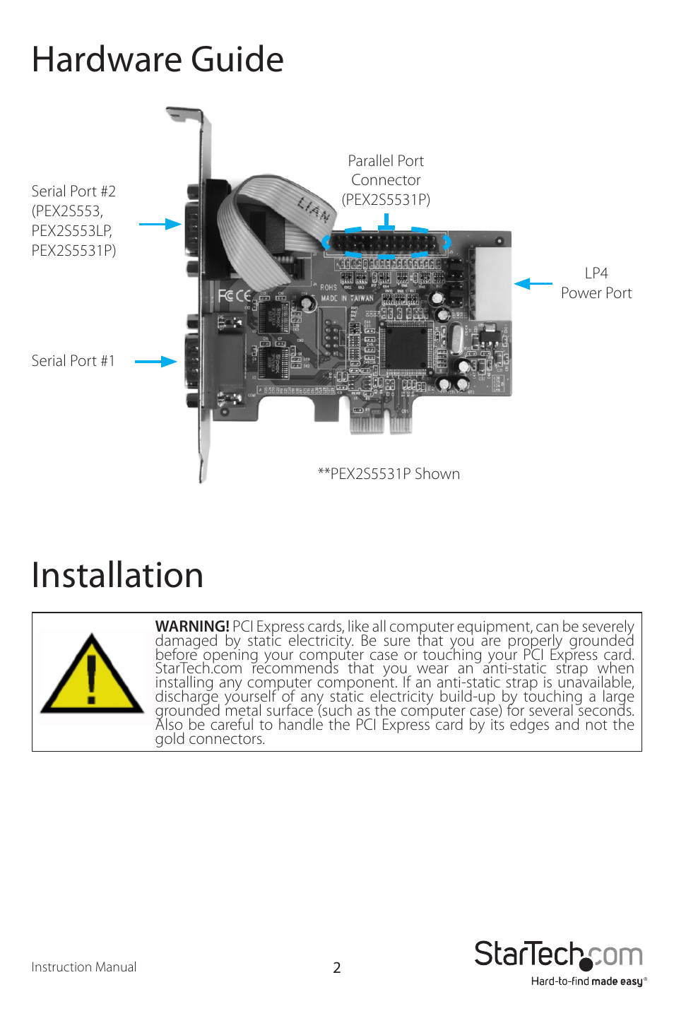 Hardware guide, Installation | StarTech.com PEX2S5531P User Manual | Page 5 / 11