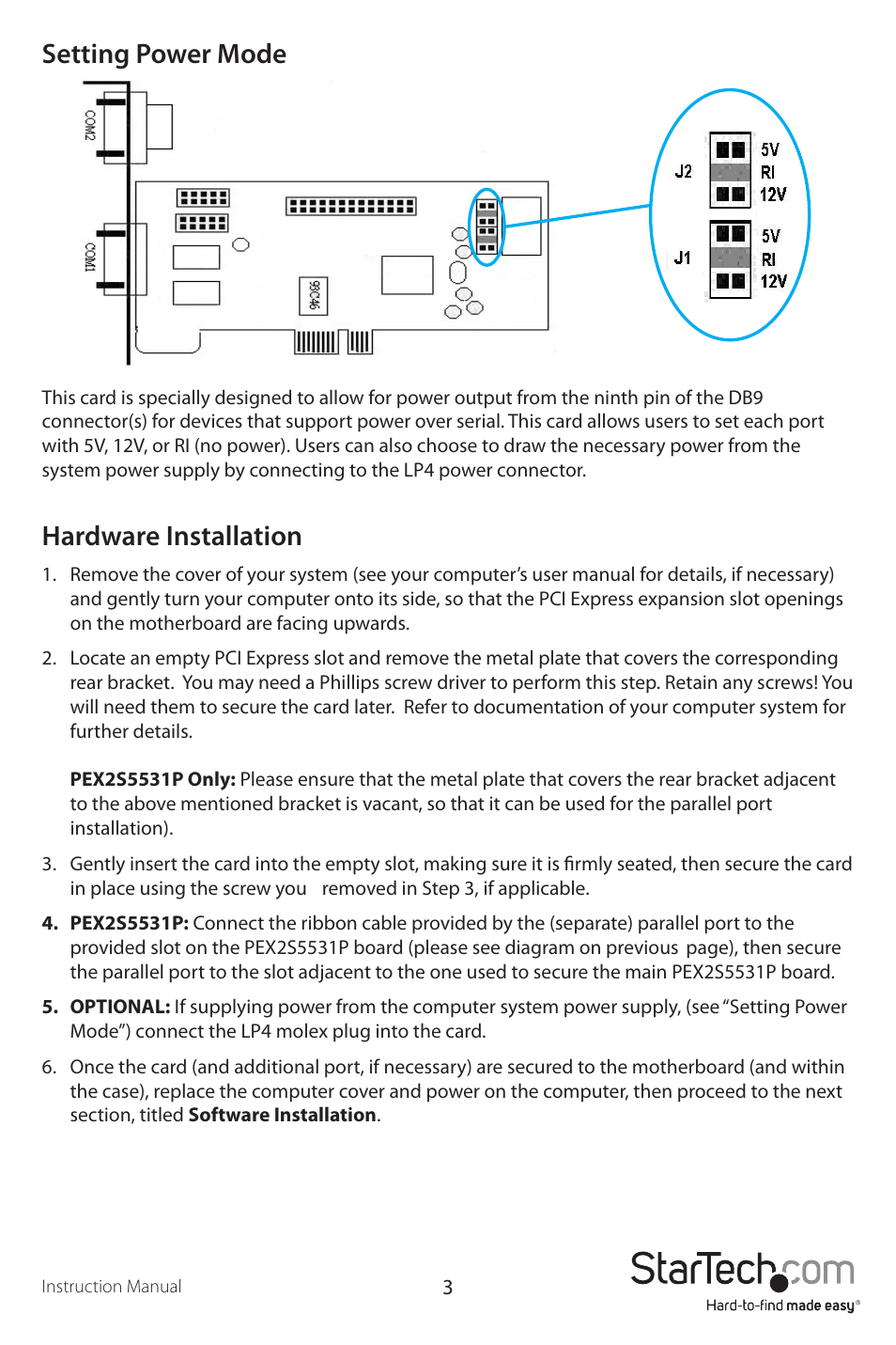 Setting power mode, Hardware installation | StarTech.com PEX2S5531P User Manual | Page 6 / 11