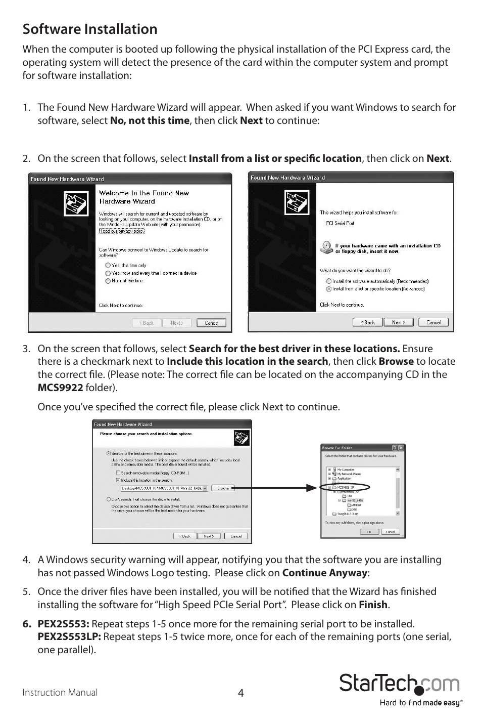 Software installation | StarTech.com PEX2S5531P User Manual | Page 7 / 11
