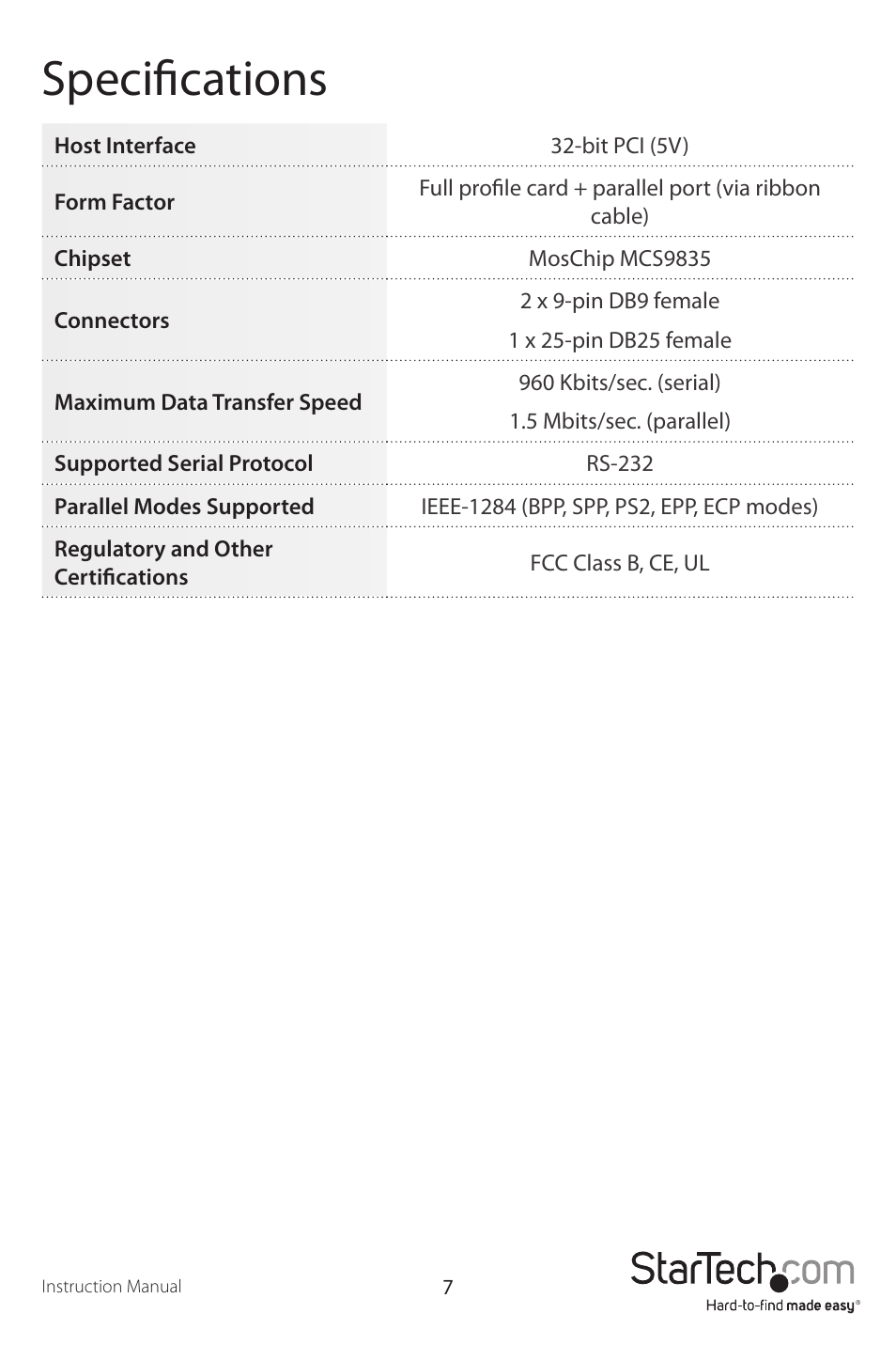Specifications | StarTech.com PCI2S1P User Manual | Page 10 / 12