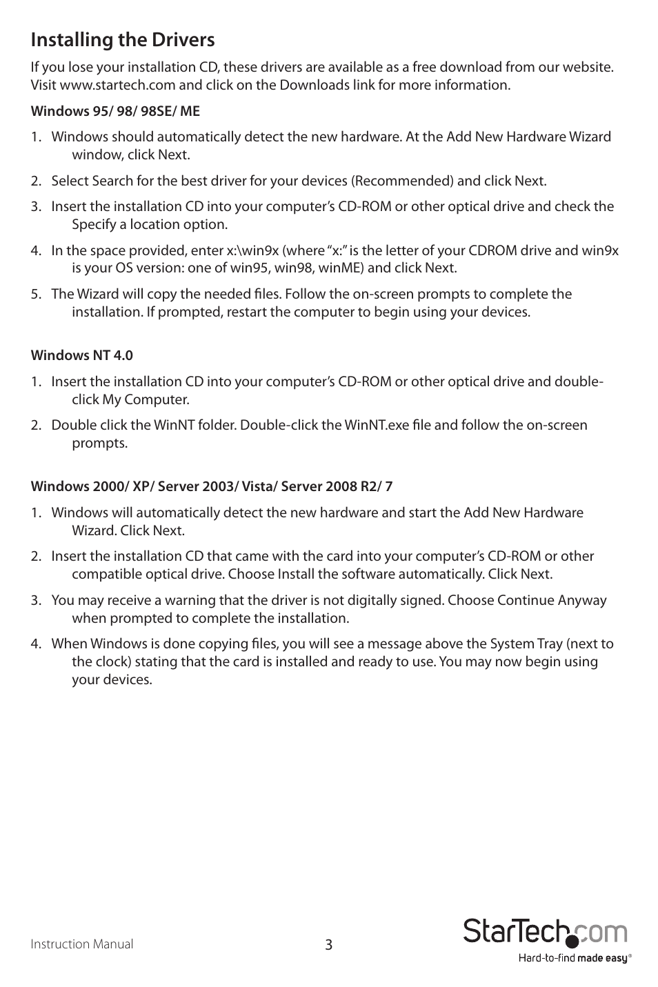 Installing the drivers | StarTech.com PCI2S1P User Manual | Page 6 / 12