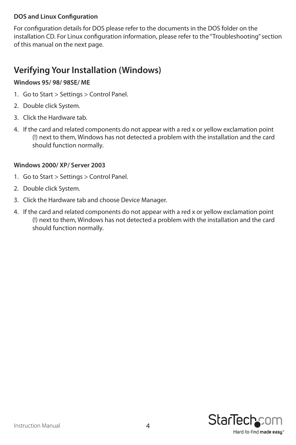 Verifying your installation (windows) | StarTech.com PCI2S1P User Manual | Page 7 / 12