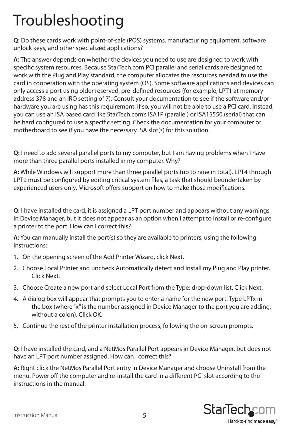 Troubleshooting | StarTech.com PCI2S1P User Manual | Page 8 / 12