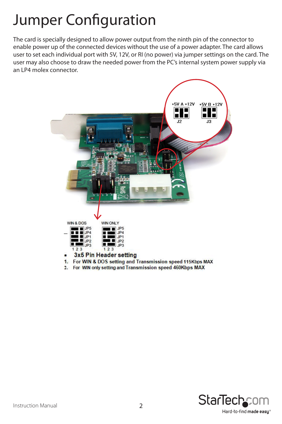 Jumper configuration | StarTech.com PEX2S952LP User Manual | Page 5 / 10