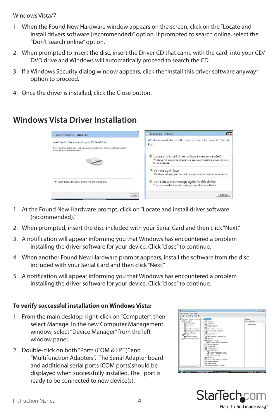 Windows vista driver installation | StarTech.com PEX2S952LP User Manual | Page 7 / 10