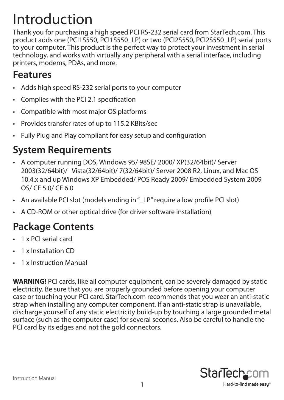 Introduction, Features, System requirements | Package contents | StarTech.com PCI2S550LP User Manual | Page 4 / 10