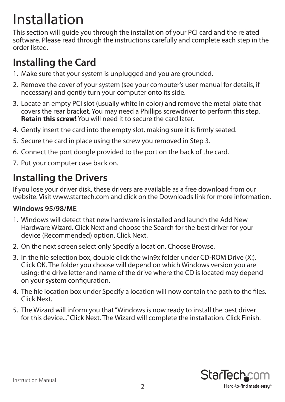 Installation, Installing the card, Installing the drivers | StarTech.com PCI2S550LP User Manual | Page 5 / 10