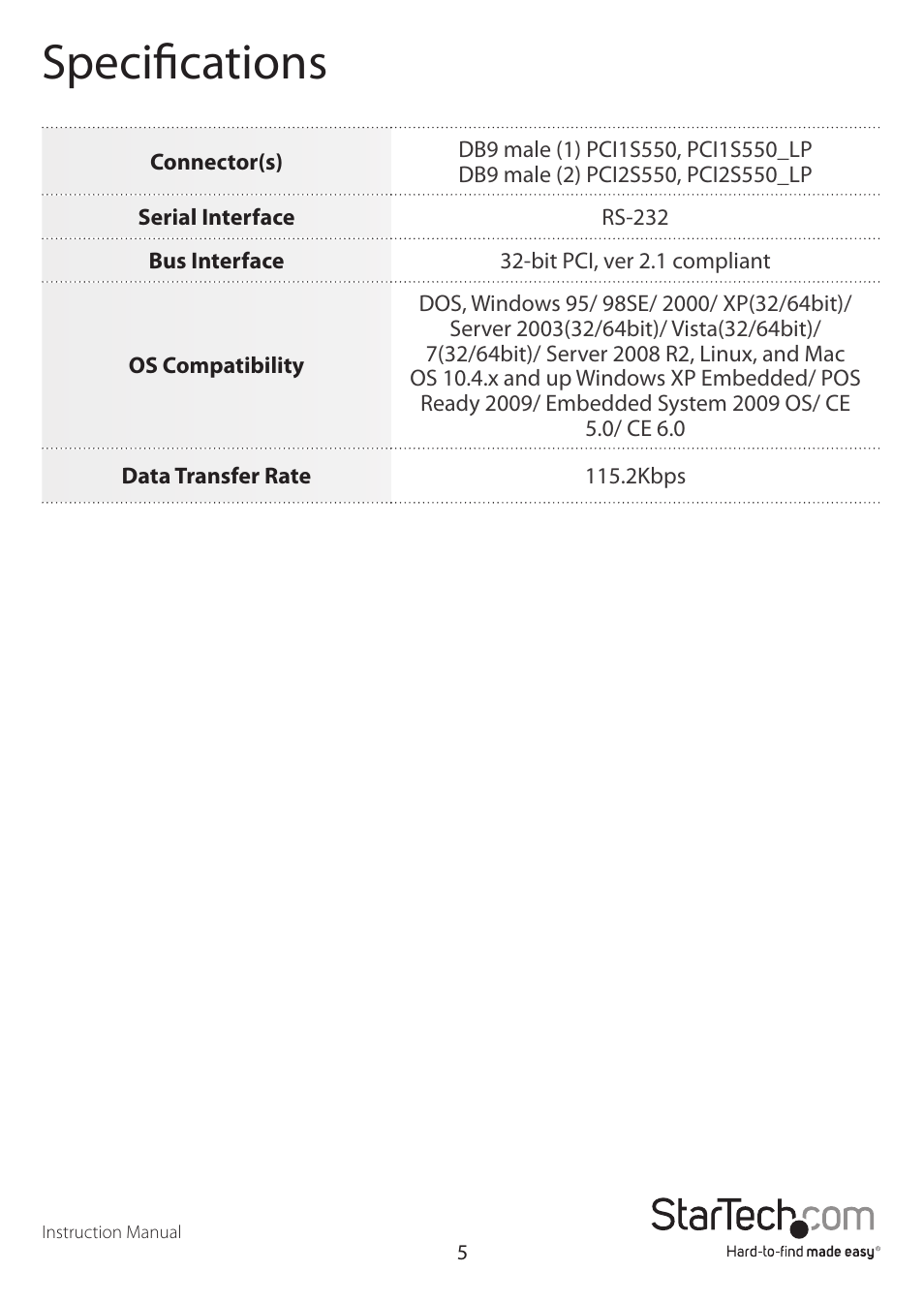 Specifications | StarTech.com PCI2S550LP User Manual | Page 8 / 10