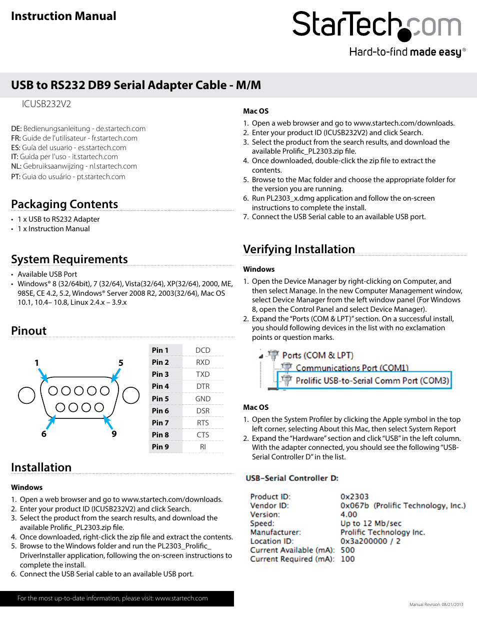 StarTech.com ICUSB232V2 User Manual | 2 pages