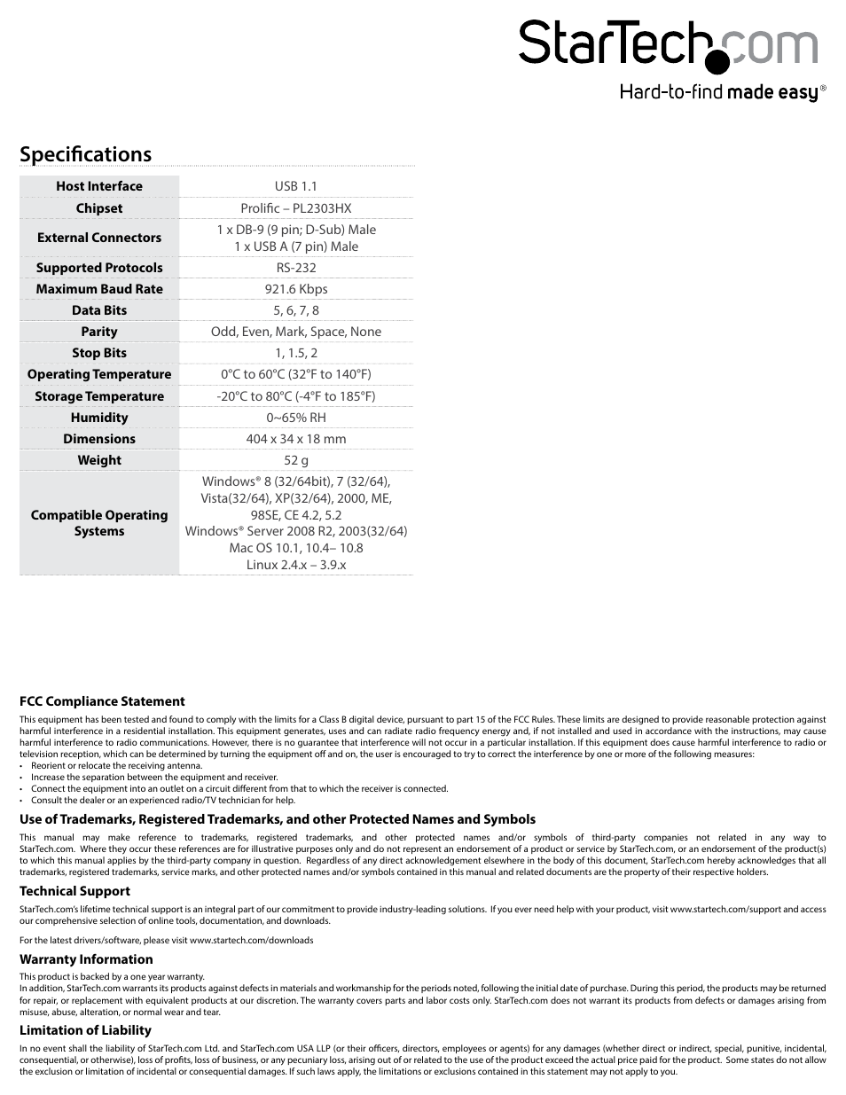 Specifications | StarTech.com ICUSB232V2 User Manual | Page 2 / 2