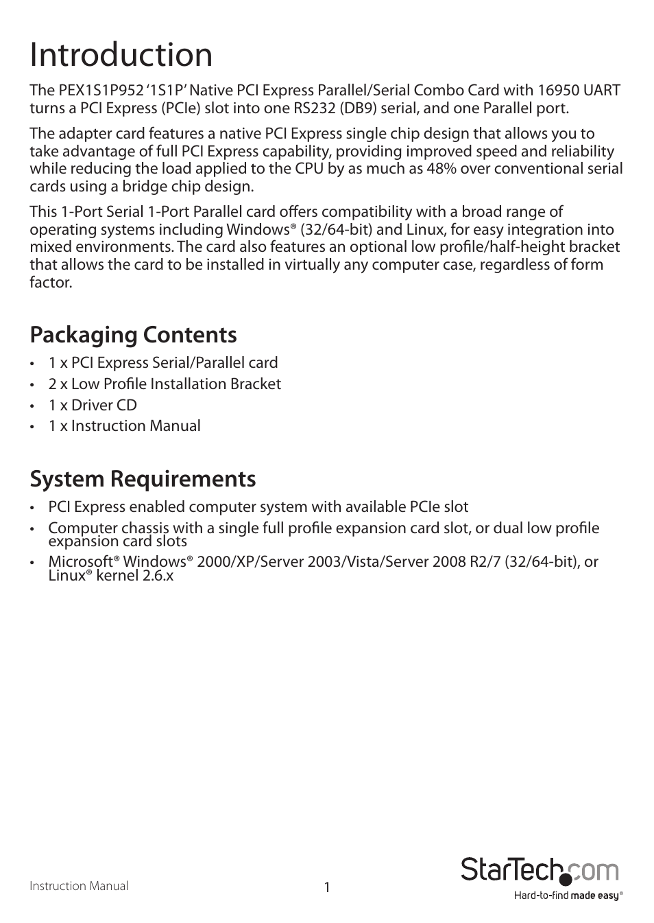 Introduction, Packaging contents, System requirements | StarTech.com PEX1S1P952 User Manual | Page 4 / 10