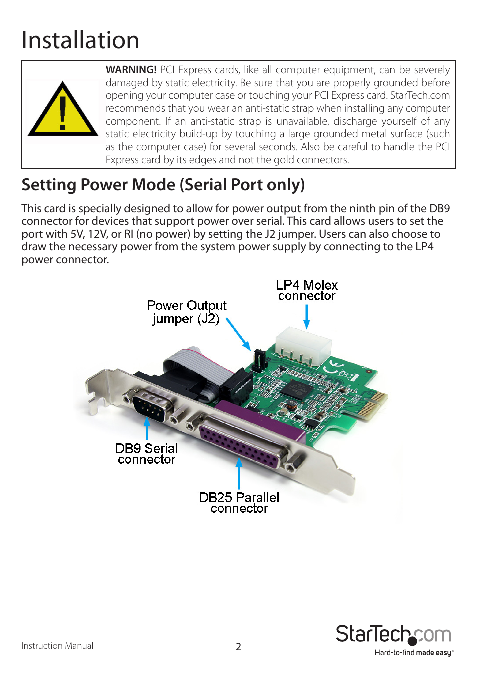 Installation, Setting power mode (serial port only) | StarTech.com PEX1S1P952 User Manual | Page 5 / 10