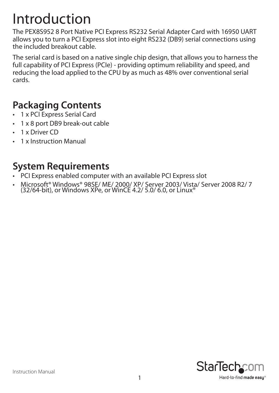 Introduction, Packaging contents, System requirements | StarTech.com PEX8S952 User Manual | Page 4 / 9