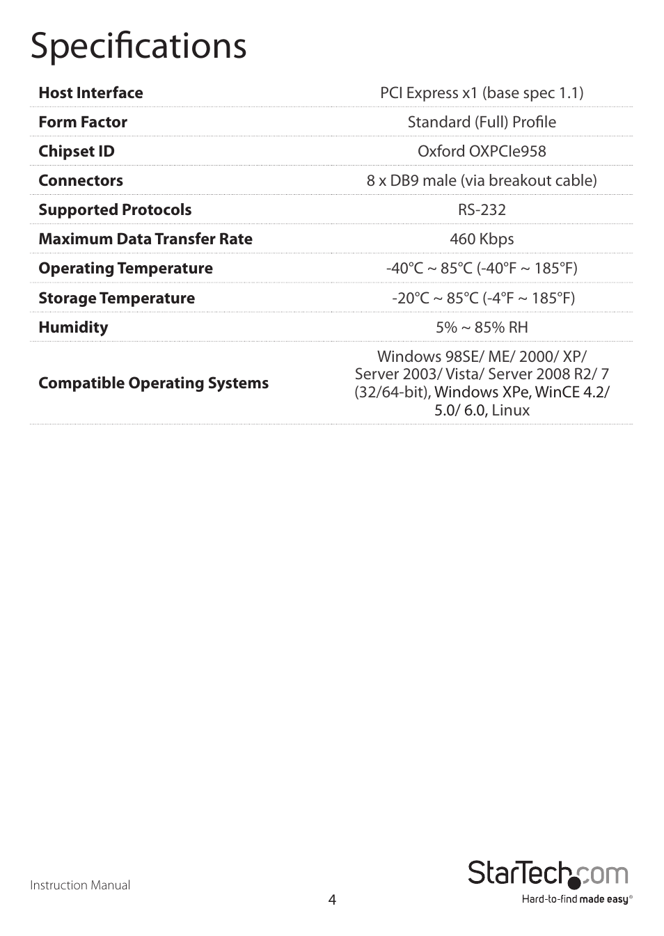 Specifications | StarTech.com PEX8S952 User Manual | Page 7 / 9