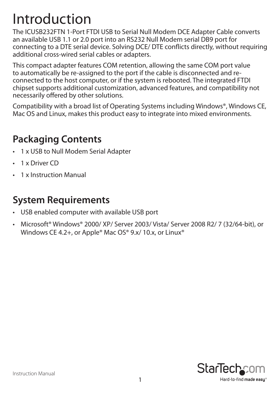 Introduction, Packaging contents, System requirements | StarTech.com ICUSB232FTN User Manual | Page 4 / 10