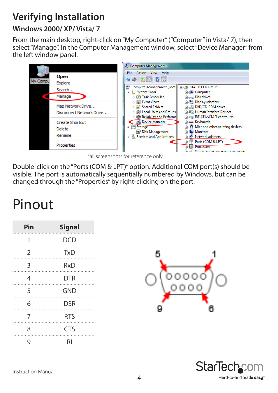 Pinout, Verifying installation | StarTech.com ICUSB232FTN User Manual | Page 7 / 10