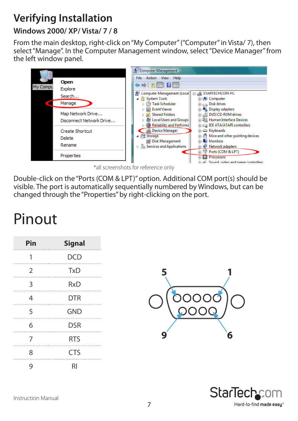 Pinout, Verifying installation | StarTech.com ICUSB2328I User Manual | Page 11 / 15